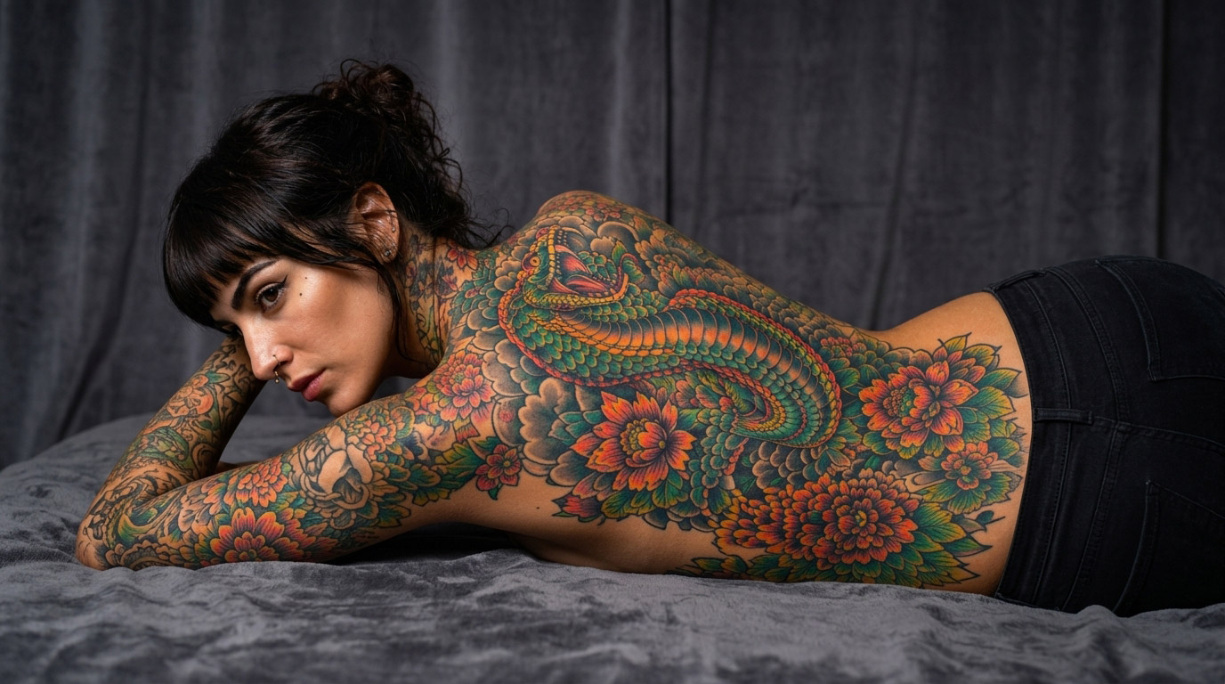 Woman with a large colourful custom tattoo